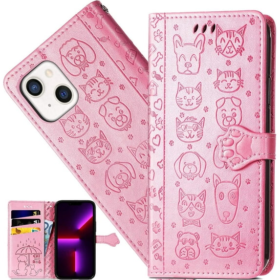 for Apple iPhone 13 Mini Cartoon Cute Wallet Case,Cat Dog Style Flip Phone Cover with ID Card Holder PU Leather Cases for Apple iPhone 13 Mini MG Pink