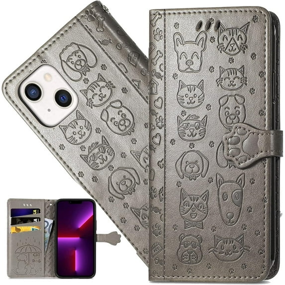 for Apple iPhone 13 Mini Cartoon Cute Wallet Case,Cat Dog Style Flip Phone Cover with ID Card Holder PU Leather Cases for Apple iPhone 13 Mini MG Grey