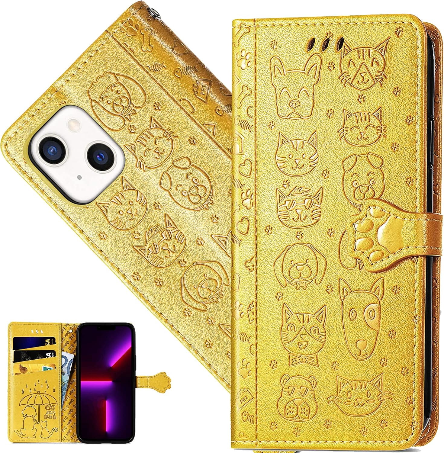 for Apple iPhone 13 Mini Cartoon Cute Wallet Case,Cat Dog Style Flip ...