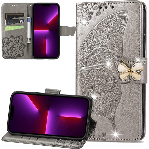 for Apple iPhone 13 Mini Cute Wallet Case, 3D Butterfly Flower Slim Flip Premium PU Leather with Credit Card Slots Holder Magnetic Closure Folio Phone Cover for iPhone 13 Mini Rhinestone Grey