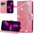 thumbnail image 1 of for Apple iPhone 13 Mini Cute Wallet Case, 3D Butterfly Flower Slim Flip Premium PU Leather with Credit Card Slots Holder Magnetic Closure Folio Phone Cover for iPhone 13 Mini Rhinestone Pink, 1 of 15