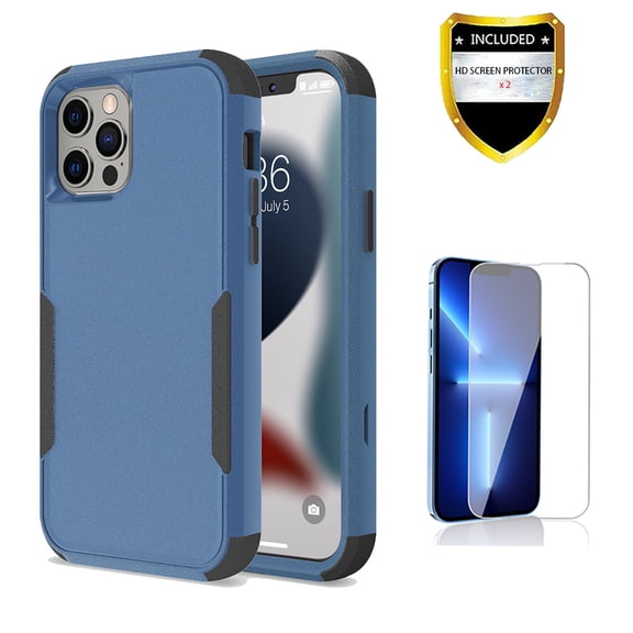 Apple iPhone 13 Pro Case with Screen Protector , for iPhone Series Rugged Rubber Durable 3 in 1 Cover , Phone Case for Girl Men Women Cute (Blue+Black)