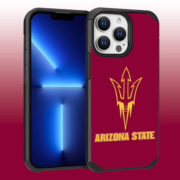 Apple iPhone 13 Pro Max (6.7) / 12 Pro Max (6.7) - Licensed NCAA University of Arizona State Sun Devils Logo on Red Textured Dual Layer Case