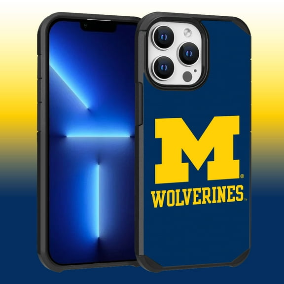 Apple iPhone 13 Pro Max (6.7) / 12 Pro Max (6.7) - Licensed NCAA University of Michigan Wolverines Logo on Dark Blue Textured Dual Layer Case