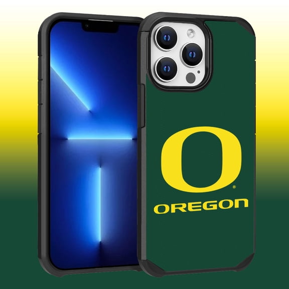 Apple iPhone 13 Pro Max (6.7) / 12 Pro Max (6.7) - Licensed NCAA University of Oregon Ducks Logo on Green Textured Dual Layer Case