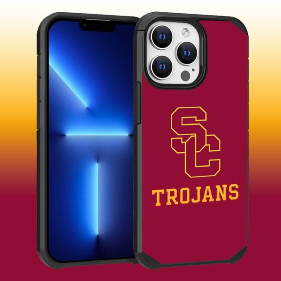 Apple iPhone 13 Pro Max (6.7) / 12 Pro Max (6.7) - Licensed NCAA University of Southern California Trojans Logo on Red Textured Dual Layer Case