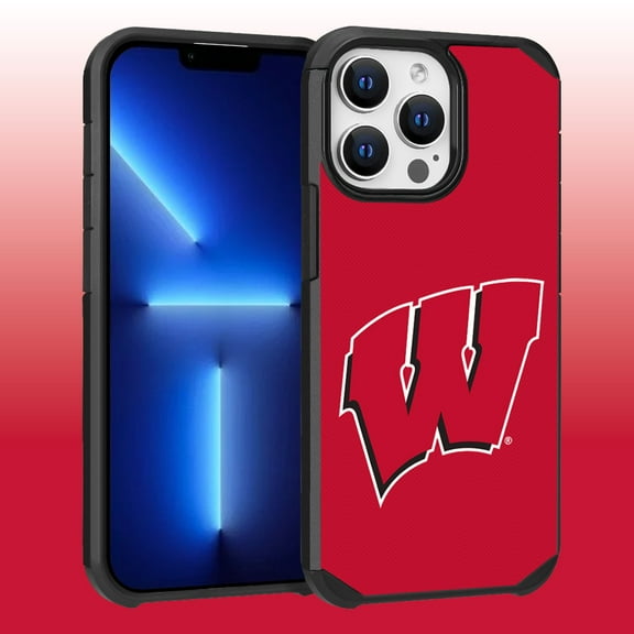 Apple iPhone 13 Pro Max (6.7) / 12 Pro Max (6.7) - Licensed NCAA University of Wisconsin Badgers Logo on Red Textured Dual Layer Case