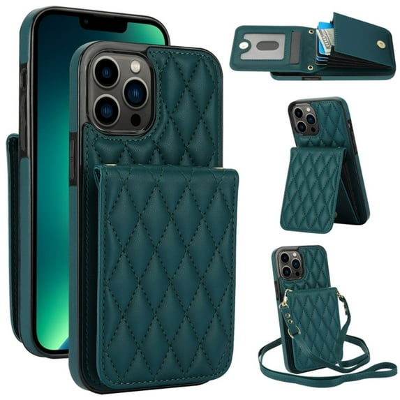 For Apple iPhone 13 Pro Max Argyle Pattern PU Leather RFID Blocking Protective Purse Wallet Case Magnetic Flip Cover Multi-Card Slots Pocket With Detachable Shoulder Strap,Green,For iPhone 13 Pro Max