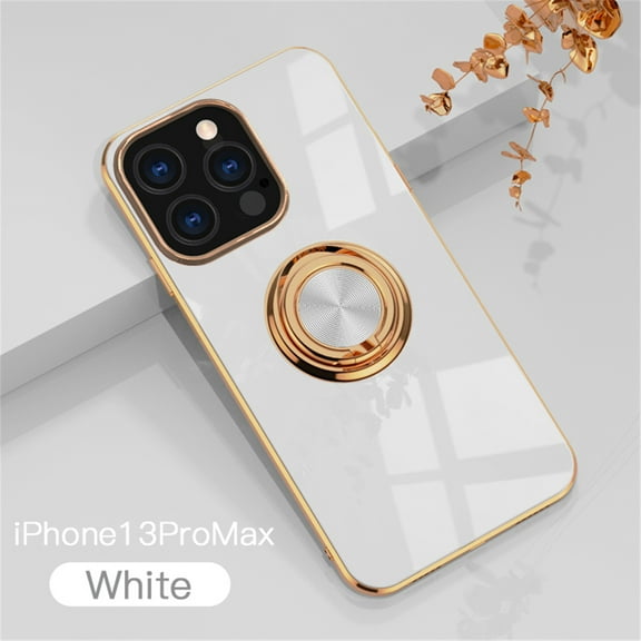 Apple iPhone 13 Pro Max Case with Ring Holder, iPhone 13 Pro Max Cover, Kickstand Magnetic Plating Frame TPU Shockproof Anti-Scratch Girls Women Men Case Cover  Apple 13 Pro Max, White
