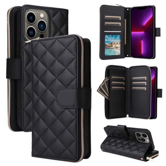 For Apple iPhone 13 Pro Wallet Case Magnetic Flip Cover 9-Card Slots Zipper Pocket With Detachable Shoulder Strap And Wrist Strap,Black,For iPhone 13 Pro