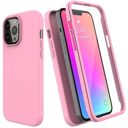 For Apple iPhone 13 Pro/ iPhone 13 Case with Built-in Screen Protector,Rugged PC Front Cover + Soft TPU Non-Slip Cover, Shockproof Full-Body Protective Case Cover - Pink