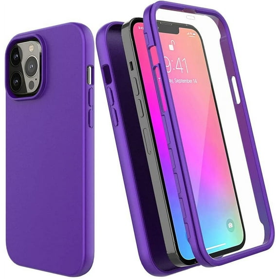 For Apple iPhone 13 Pro/ iPhone 13 Case with Built-in Screen Protector,Rugged PC Front Cover + Soft TPU Non-Slip Cover, Shockproof Full-Body Protective Case Cover - Purple