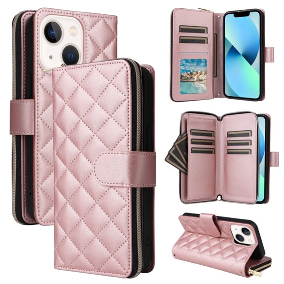 For Apple iPhone 13 mini Wallet Case Magnetic Flip Cover 9-Card Slots Zipper Pocket With Detachable Shoulder Strap And Wrist Strap,Rose gold,For iPhone 13 mini
