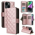 thumbnail image 1 of For Apple iPhone 14 / 13 Wallet Case Magnetic Flip Cover 9-Card Slots Zipper Pocket With Detachable Shoulder Strap And Wrist Strap,Rose gold,For iPhone 14 / 13, 1 of 5
