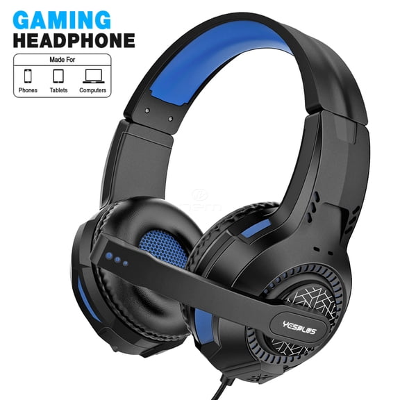 Gaming Headset with Microphone, Compatible with PS4 PS5 Xbox One PC Laptop, Over-Ear Headphones with LED RGB Light, Noise Canceling Mic, 5.0 Stereo Surround Sound - Black/Blue