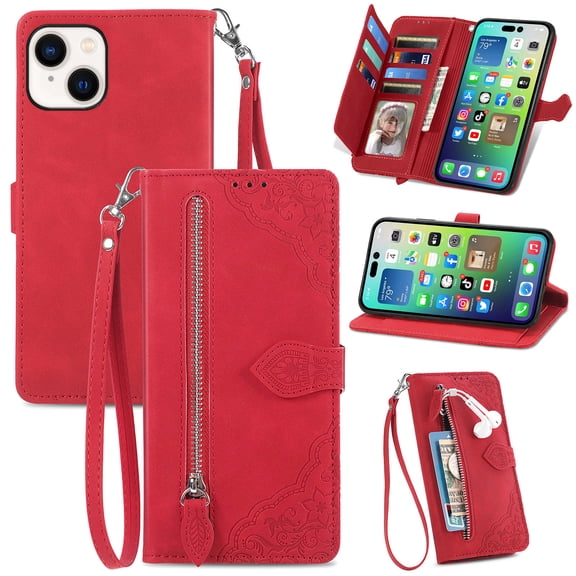 for Apple iPhone 14 Case, iPhone 14 6.1 inch Case Wallet for Women Men, Durable PU Leather Magnetic Flip Lanyard Strap Wristlet Zipper Card Holder Wallet Phone Case (Red)