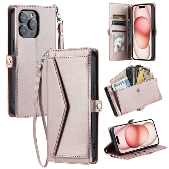 For Apple iPhone 14 Plus Case Wallet, Cards Holder RFID Blocking Crossbody Shoulder Strap Hand Wrist Bumper Shockproof Flip Cover Stand Protective PU Leather Phone Case for iPhone 14 Plus, Rosegold
