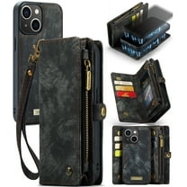 For Apple iPhone 14 Plus Wallet Case,Multi-Functional Retro Leather Purse Flip Cover Zipper Wallet Case with Removable Card Slots Pocket & Detachable Wrist Strap Magnetic Phone Case, Black