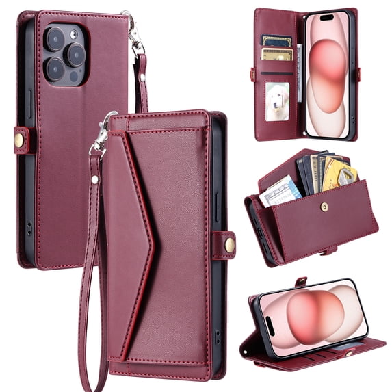 For Apple iPhone 14 Pro Case Wallet, Cards Holder RFID Blocking Crossbody Shoulder Strap Hand Wrist Bumper Shockproof Flip Cover Stand Protective PU Leather Phone Case for iPhone 14 Pro, Winered