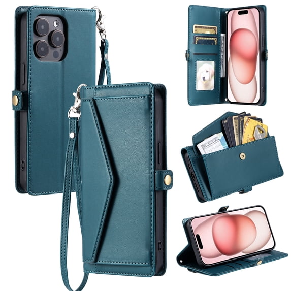 For Apple iPhone 14 Pro Case Wallet, Cards Holder RFID Blocking Crossbody Shoulder Strap Hand Wrist Bumper Shockproof Flip Cover Stand Protective PU Leather Phone Case for iPhone 14 Pro, Green