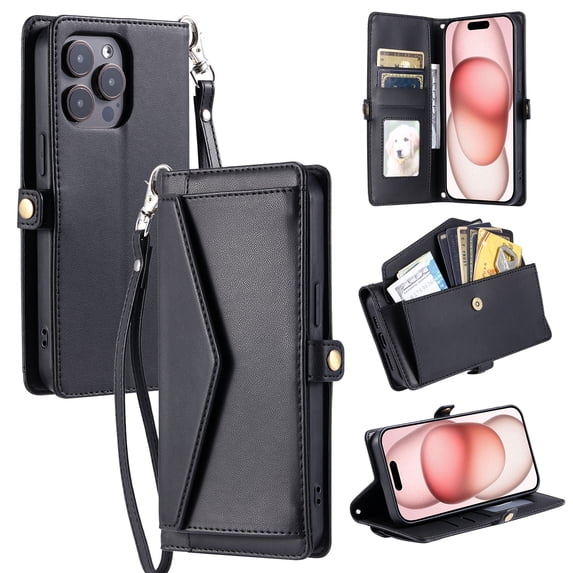 For Apple iPhone 14 Pro Case Wallet, Cards Holder RFID Blocking Crossbody Shoulder Strap Hand Wrist Bumper Shockproof Flip Cover Stand Protective PU Leather Phone Case for iPhone 14 Pro, Black