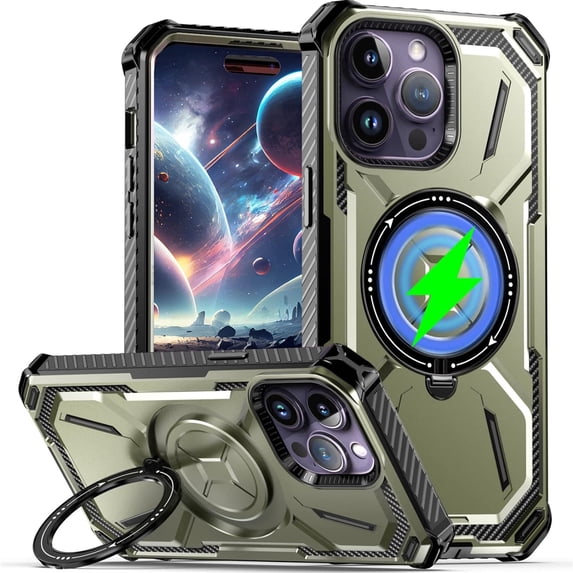 for Apple iPhone 14 Pro Max Case Compatible for Magsafe, Ultimate Protection Armor with Ring Holder Fit for Magsafe Wireless Charger Phone Case for iPhone 14 Pro Max HJJ Green