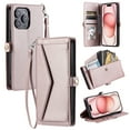 thumbnail image 1 of For Apple iPhone 14 Pro Max Case Wallet, Cards Holder RFID Blocking Crossbody Shoulder Strap Hand Wrist Bumper Shockproof Flip Cover Stand Protective PU Leather Case for iPhone 14 Pro Max, Rosegold, 1 of 9