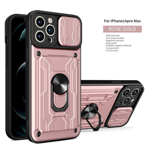 Apple iPhone 14 Pro Max Heavy Duty Rugged Case, Shockproof Cover With Slide Lens Protector+ Magnetic 360° Ring Kickstand Magnetic Car Mount Phone Case Apple iPhone 14 Pro Max,gold