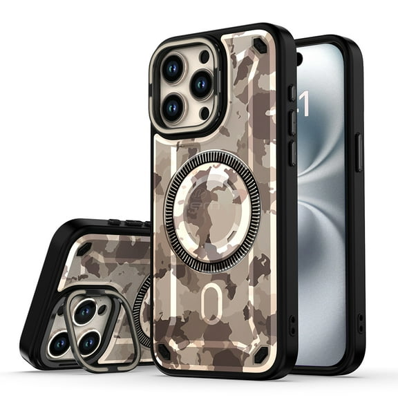 For Apple iPhone 14 / iPhone 13 Pro / iPhone 13 Camo Magsafe Wireless Charge Lens Protection Frame Kickstand Shockproof Protective Hybrid Case Cover Brown