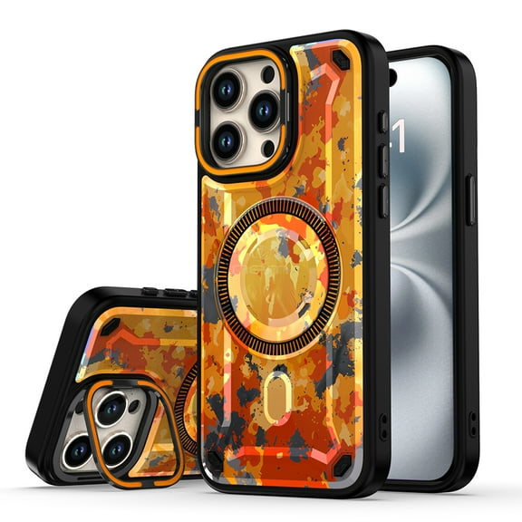 For Apple iPhone 14 / iPhone 13 Pro / iPhone 13 Camo Magsafe Wireless Charge Lens Protection Frame Kickstand Shockproof Protective Hybrid Case Cover Yellow