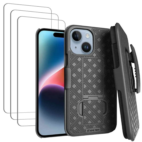 Apple iPhone 15 (2023) Shell Holster Combo Case + 3-Pack Tempered Glass Screen Protector