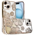 thumbnail image 1 of For Apple iPhone 15 /6.1" Luxury Floral Design Sparkle Glitter Diamond Crystal Rhinestone Shimmer Bling Plating Thick TPU Hard PC Cover, XPM Phone Case [Flower Gold], 1 of 10