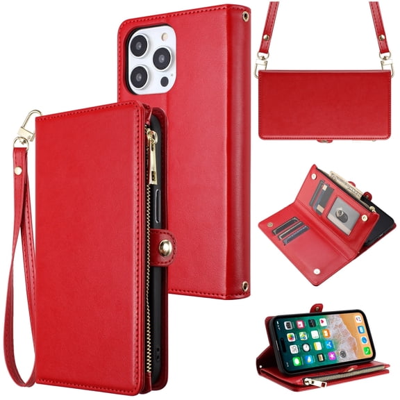 For Apple iPhone 15 (6.1") Purse Style Wallet Credit Card ID Money Holder Slots with Zipper Storage & Adjustable Lanyard Cover ,Xpm Phone Case [ Red ]