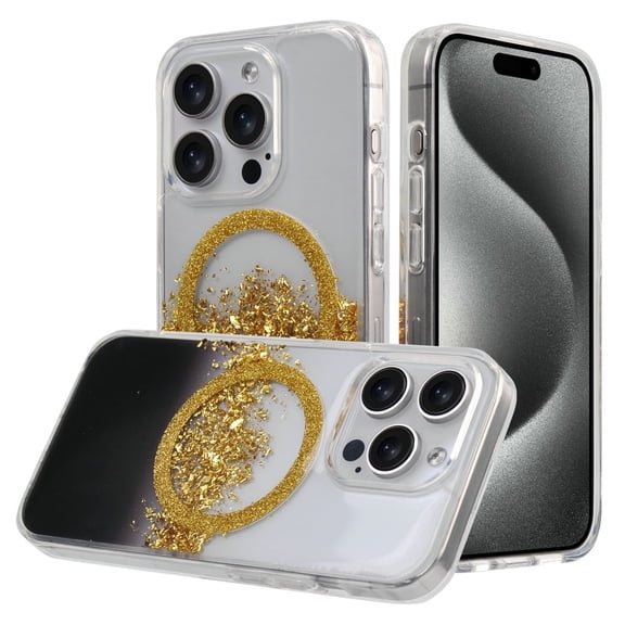 For Apple iPhone 15 (6.1") Transparent Clear Bling Glitter Magnetic Circle Compatible with MagSafe Charger Hybrid Slim TPU Cover ,Xpm Phone Case [ Gold / Black ]