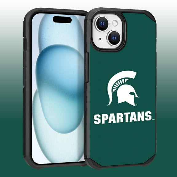 Apple iPhone 15 (6.1) / iPhone 14 (6.1) / iPhone 13 (6.1) - Licensed NCAA of Michigan State University Spartans Logo on Green Textured Dual Layer Case