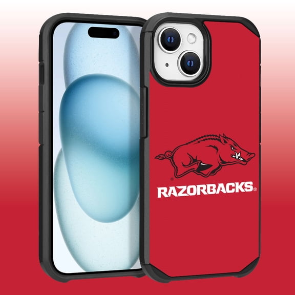 Apple iPhone 15 (6.1) / iPhone 14 (6.1) / iPhone 13 (6.1) - Licensed NCAA University of Arkansas Razorbacks Logo on Red Textured Dual Layer Case