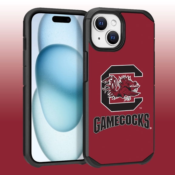 Apple iPhone 15 (6.1) / iPhone 14 (6.1) / iPhone 13 (6.1) - Licensed NCAA University of South Carolina Gamecocks Logo on Red Textured Dual Layer Case