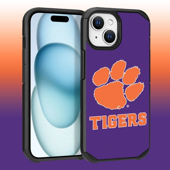 Apple iPhone 15 (6.1) / iPhone 14 (6.1) / iPhone 13 (6.1) - Licensed NCAA of Clemson University Tigers Logo on Purple Textured Dual Layer Case
