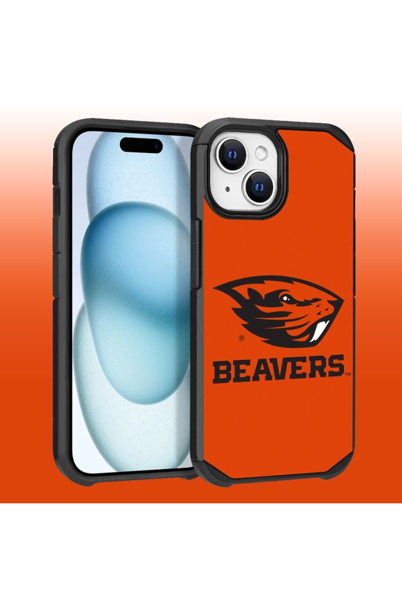 Apple iPhone 15 (6.1) / iPhone 14 (6.1) / iPhone 13 (6.1) - Licensed NCAA of Oregon State University Beavers Logo on Orange Textured Dual Layer Case