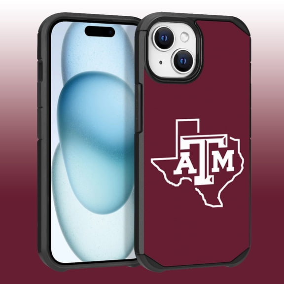 Apple iPhone 15 (6.1) / iPhone 14 (6.1) / iPhone 13 (6.1) - Licensed NCAA of Texas A&M University Aggies Logo on Red Textured Dual Layer Case