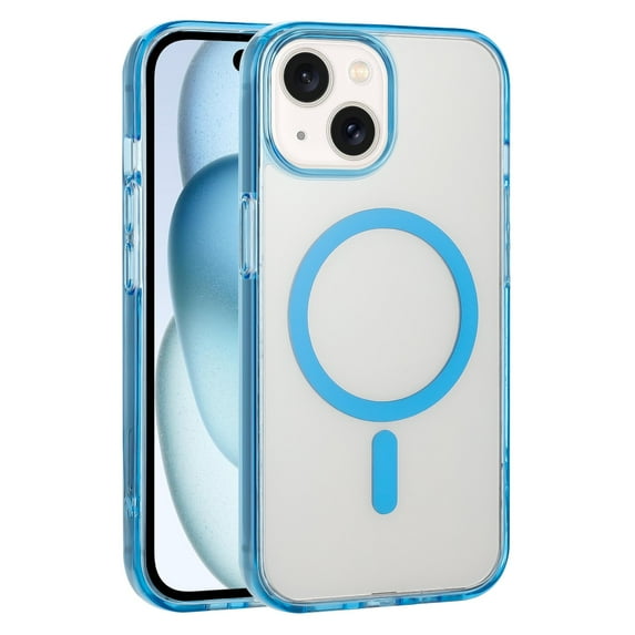For Apple iPhone 15 6.1 inch Hard Crystal Back Transparent Edge Camera Protection Magnetic Car Mount Holder Magsafe Wireless Charging Shockproof Hybrid Case Cover Blue