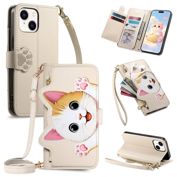 For Apple iPhone 15 Case Cat Pattern Buckle Zipper Wallet  5-card  Flip Wallet Leather With Card Holder Magnetic Closure Phone Cases Cover With Shoulder Strap and Wrist Strap,Beige,For iPhone 15