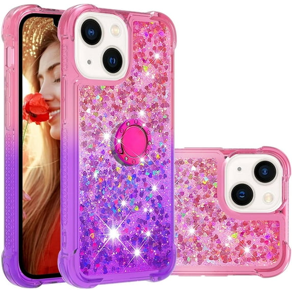 for Apple iPhone 15 Clear Case for Girls Women, Liquid Glitter Sparkle Bling Cute Case with Kickstand Gradient Quicksand Cover for iPhone 15 JB Pink Mauve