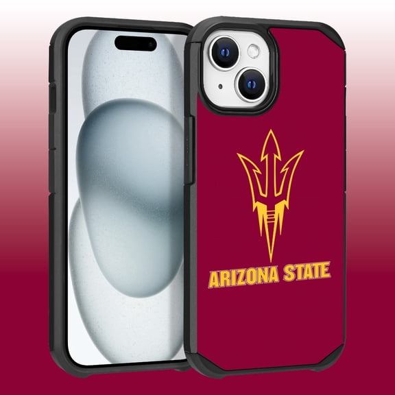 Apple iPhone 15 Plus (6.7) / Apple iPhone 14 Plus (6.7) - Licensed NCAA University of Arizona State Sun Devils Logo on Red Textured Dual Layer Case
