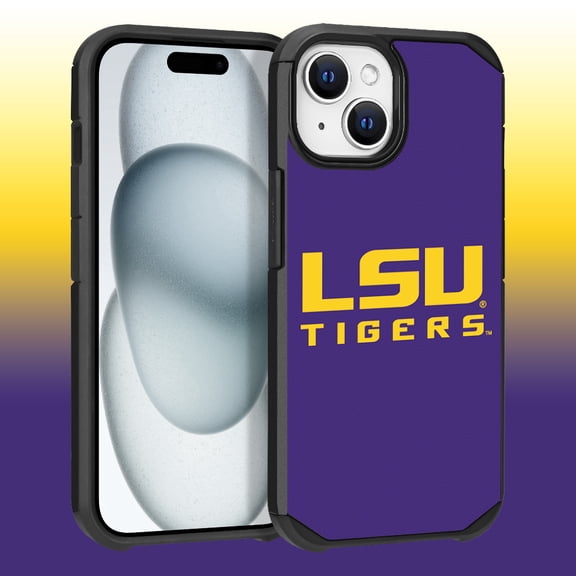 Apple iPhone 15 Plus (6.7) / Apple iPhone 14 Plus (6.7) - Licensed NCAA University of LSU Tigers Logo on Purple Textured Dual Layer Case