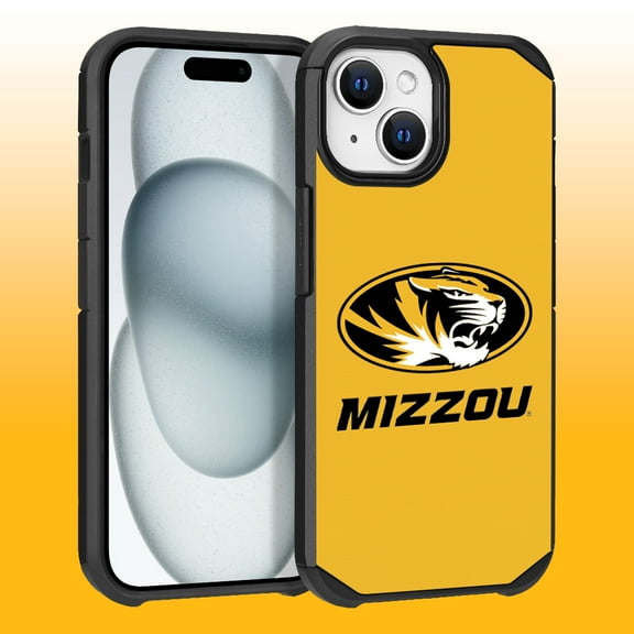 Apple iPhone 15 Plus (6.7) / Apple iPhone 14 Plus (6.7) - Licensed NCAA University of Missouri Tigers Logo on Dark Blue Textured Dual Layer Case