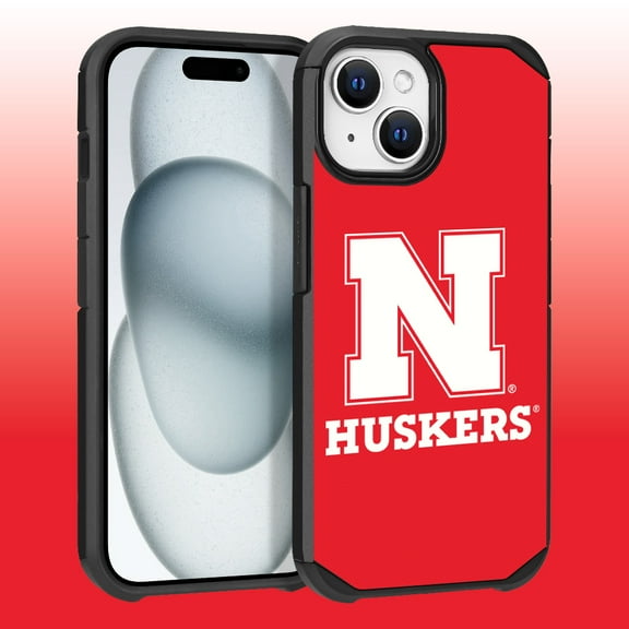 Apple iPhone 15 Plus (6.7) / Apple iPhone 14 Plus (6.7) - Licensed NCAA University of Nebraska Cornhuskers Logo on Red Textured Dual Layer Case