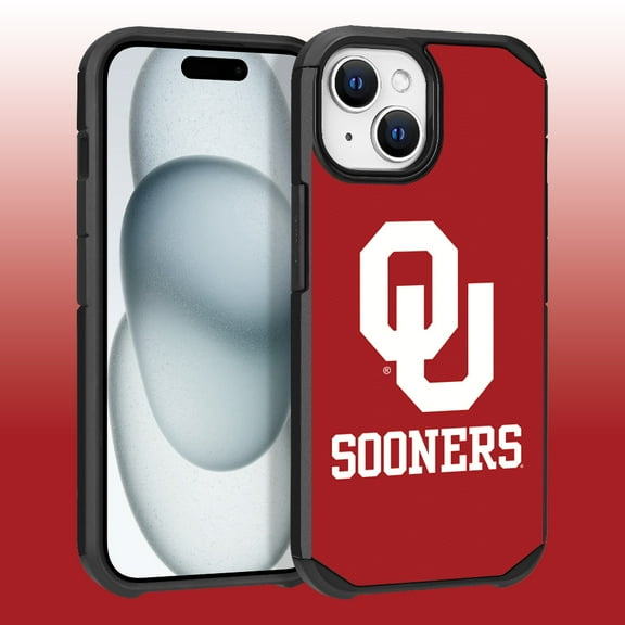 Apple iPhone 15 Plus (6.7) / Apple iPhone 14 Plus (6.7) - Licensed NCAA University of Oklahoma Sooners Logo on Red Textured Dual Layer Case
