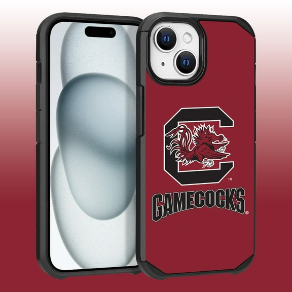 Apple iPhone 15 Plus (6.7) / Apple iPhone 14 Plus (6.7) - Licensed NCAA University of South Carolina Gamecocks Logo on Red Textured Dual Layer Case