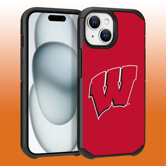 Apple iPhone 15 Plus (6.7) / Apple iPhone 14 Plus (6.7) - Licensed NCAA University of Wisconsin Badgers Logo on Red Textured Dual Layer Case